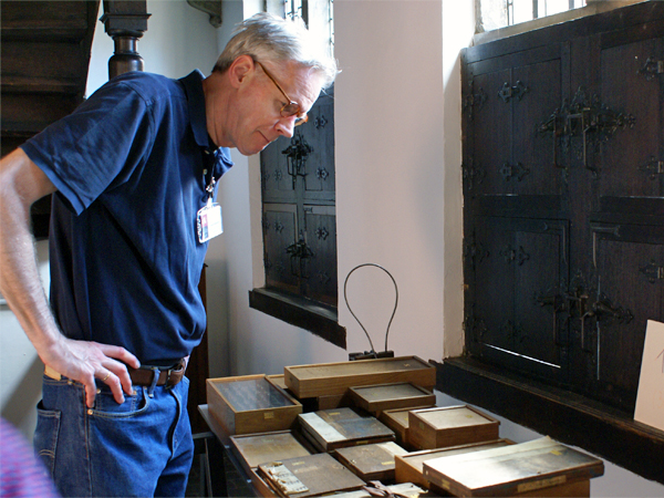 Frank E. Blokland organizing type-foundry artifacts at Museum Plantin-Moretus